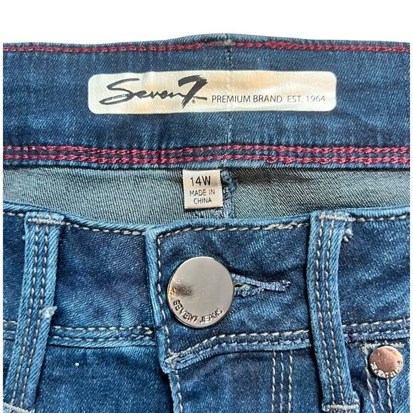 Seven7 High Rise Skinny Dark Wash Distressed Jeans Slit Ankle Raw Hem size 14W - Picture 2 of 12